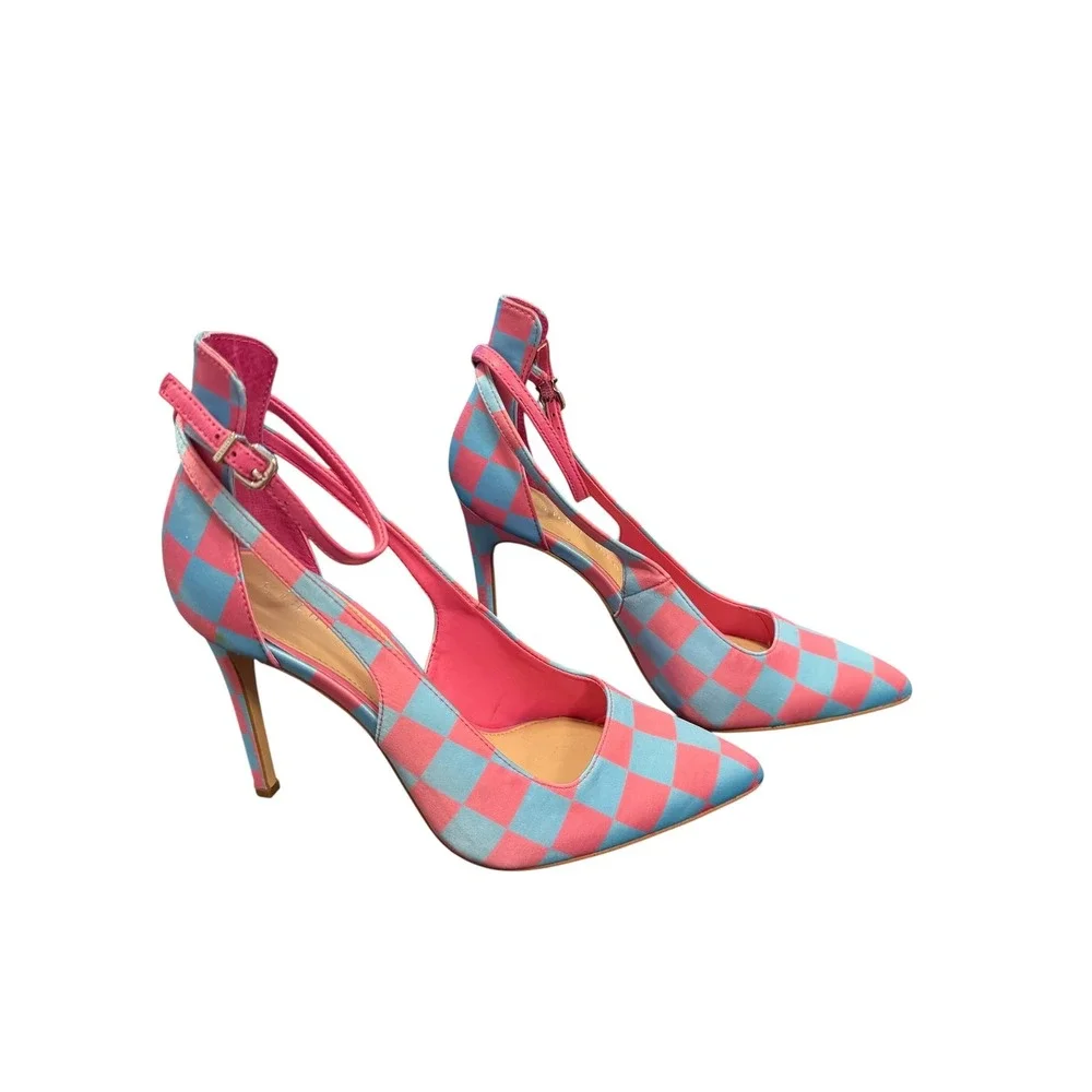 Gianni Bini Pumps‎ Womens 9M Pink Blue Checkered Ankle Strap Stiletto Heel